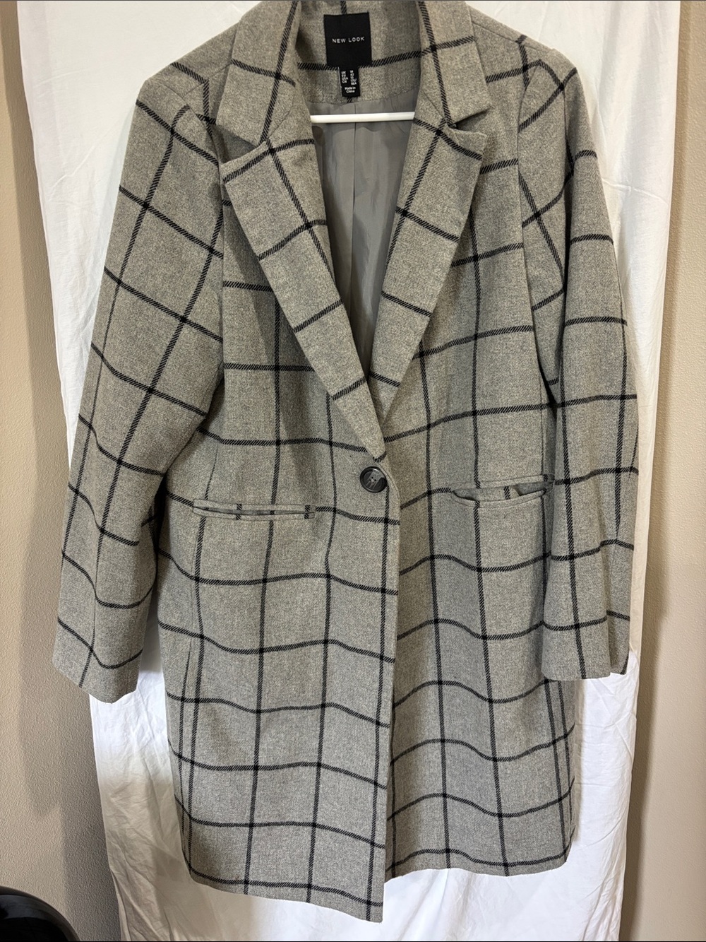 New Look Gray Windowpane Longline Trench Coat